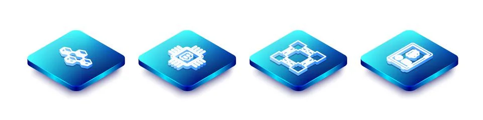 Set Isometric line Blockchain technology, CPU mining farm, and Proof of stake Illustrazione stock