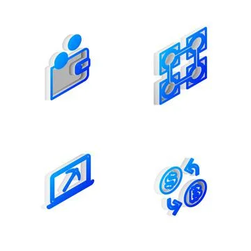 Set Isometric line Blockchain technology, Cryptocurrency wallet, Mining with Illustrazione stock