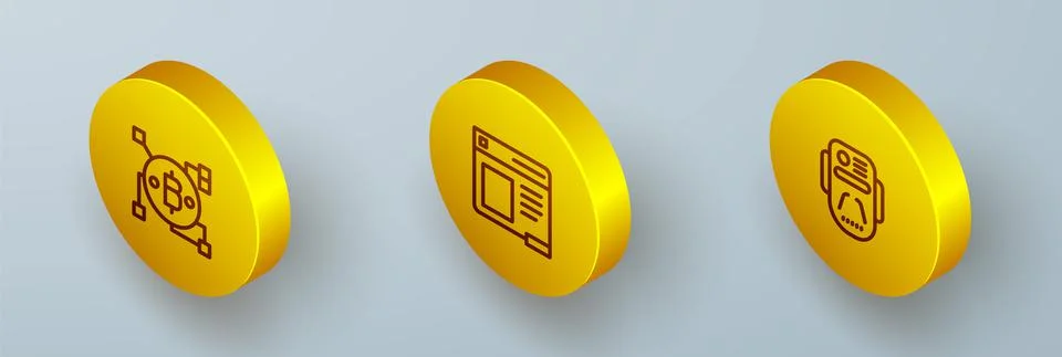 Set Isometric line Blockchain technology Bitcoin, Browser window and Artificial Stock Illustration