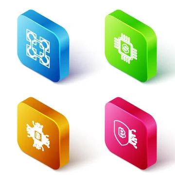 Set Isometric line Blockchain technology, Processor chip with dollar, CPU min Stock Illustration