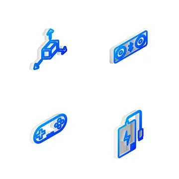 Set Isometric line Bluetooth speakers, Isometric cube, Gamepad and Power bank Stock Illustration