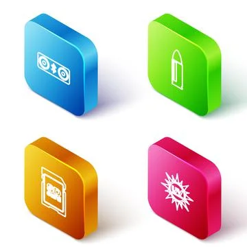 Set Isometric line Bluetooth speakers, Bullet, SD card and UV protection icon Stock Illustration