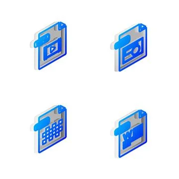 Set Isometric line BMP file document, MP4, PNG and DOC icon. Vector Stock Illustration