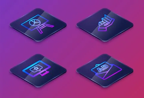 Set Isometric line Board with graph chart, Monitor star, Pie infographic and Stock Illustration