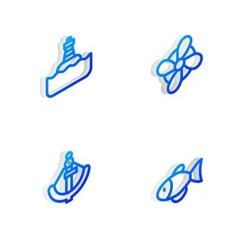 Set Isometric line Boat propeller, Floating buoy, Anchor and Fish icon. Vector Stock Illustration