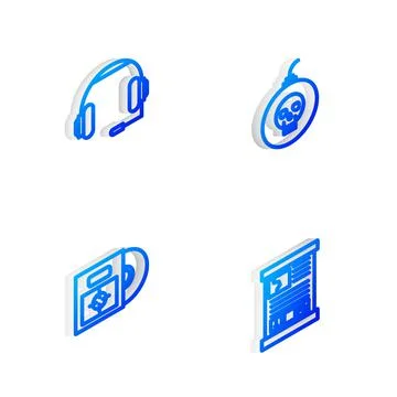 Set Isometric line Bomb ready to explode, Headphones, CD or DVD disk in box and Illustrazione stock
