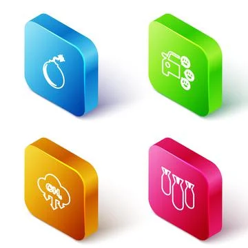 Set Isometric line Bomb ready to explode, Car sharing, Methane emissions 库存插图