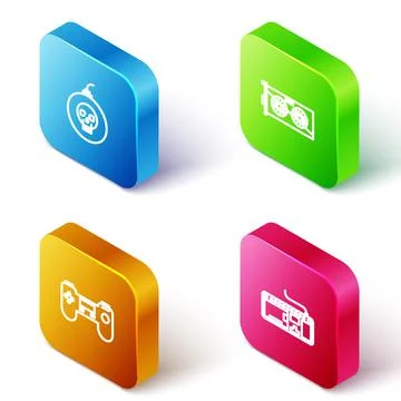 Set Isometric line Bomb ready to explode, Video graphic card, Gamepad and Stock-Illustration