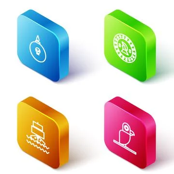 Set Isometric line Bomb ready to explode, Pirate coin, Ship and parrot icon Stock Illustration