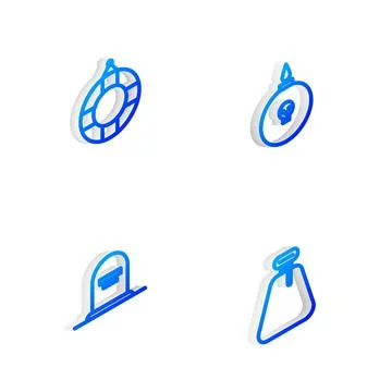 Set Isometric line Bomb ready to explode, Lifebuoy, Tombstone with RIP written 스톡 일러스트