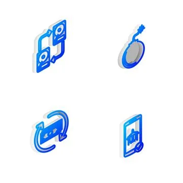 Set Isometric line Bomb ready to explode, Data exchange with hhd, Refund mone Stock Illustration