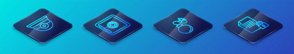Set Isometric line Bomb, Security camera, Document and lock and Safe icon Illustrazione stock