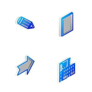 Set Isometric line Book, Pencil, Arrow and Mall or supermarket building icon. Stock Illustration