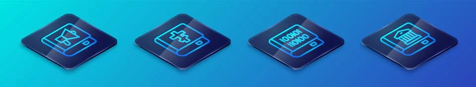 Set Isometric line Books about programming, Law book and Holy bible icon. Vector 库存插图