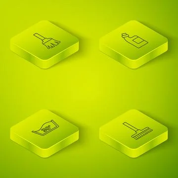 Set Isometric line Bottle for cleaning agent, Temperature wash, Handle broom and Illustration