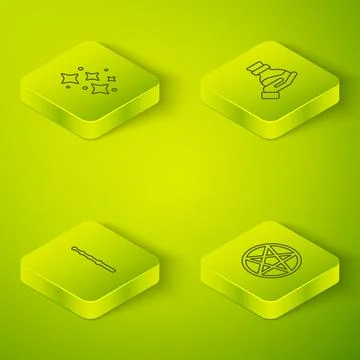 Set Isometric line Bottle with potion, Magic wand, Pentagram in circle and Stock Illustration