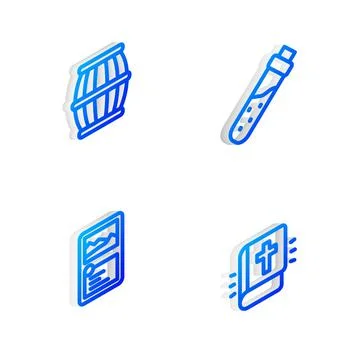 Set Isometric line Bottle with potion, Gun powder barrel, Card game collection Stock Illustration