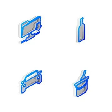 Set Isometric line Bottle of wine, FTP folder download, Car and bucket icon Stock Illustration