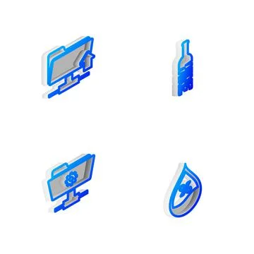 Set Isometric line Bottle of wine, FTP folder upload, settings and Water drop Ilustração Stock
