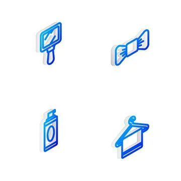 Set Isometric line Bow tie, Hand mirror, Shaving gel foam and Towel on hanger Illustration