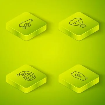 Set Isometric line Box flying on parachute, Hand grenade, Coffin with cross and 스톡 일러스트