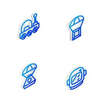 Set Isometric line Box flying on parachute, Mars rover, Space capsule and Illustrazione stock