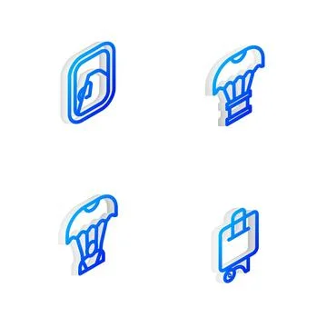 Set Isometric line Box flying on parachute, Airplane window, Parachute and .. 스톡 일러스트
