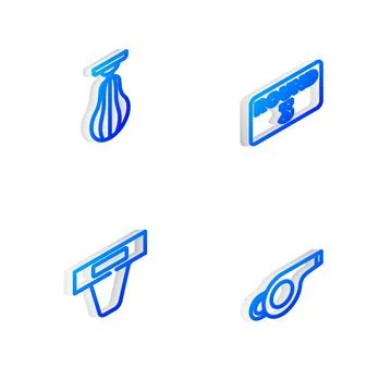 Set Isometric line Boxing ring board, Punching bag, Groin guard and Whistle icon Stock Illustration