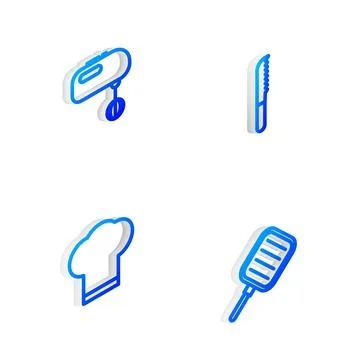 Set Isometric line Bread knife, Electric mixer, Chef hat and Frying pan icon Stockillustratie
