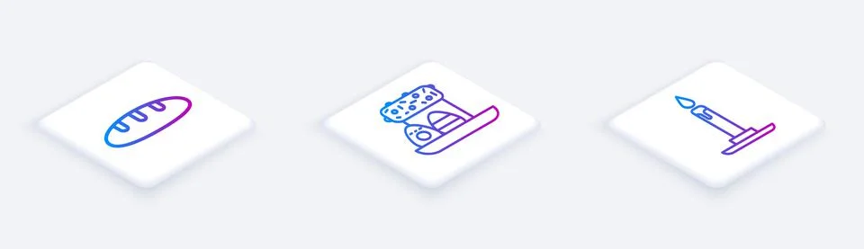 Set Isometric line Bread loaf, Easter cake and eggs and Burning candle in Stock Illustration