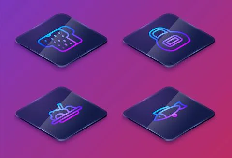 Set Isometric line Bread toast, Healthy food, Kettlebell and Fish. Blue square Illustrazione stock