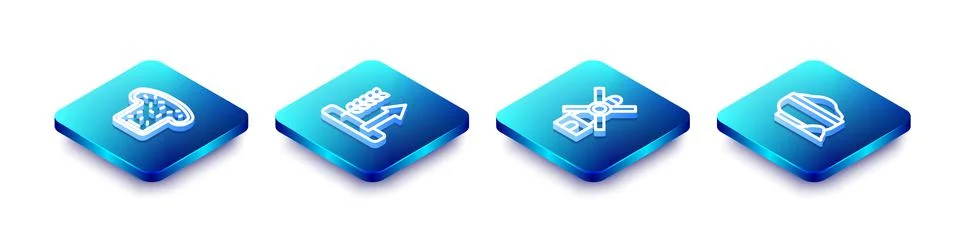 Set Isometric line Bread toast, Wheat, Windmill and Flour bowl icon. Vector Stock Illustration