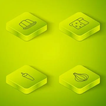 Set Isometric line Bread toast, Hot chili pepper, Garlic and Jelly cake icon. Stock Illustration