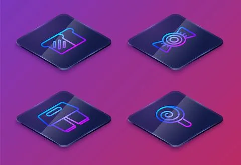 Set Isometric line Bread toast, Coffee cup go, Candy and Lollipop. Blue square Stock Illustration