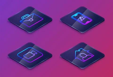 Set Isometric line Briefcase, Camera, Video camera Off on mobile and Online Stock-Illustration
