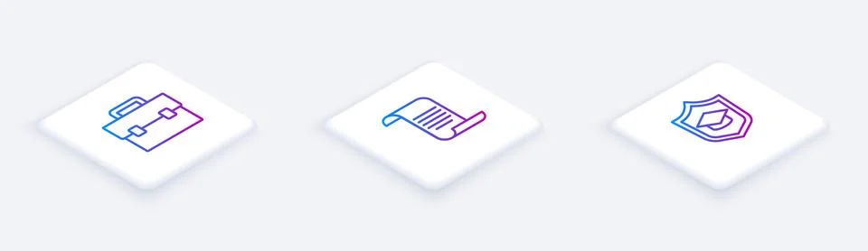 Set Isometric line Briefcase, Document with shield and Graduation cap. White Stock Illustration