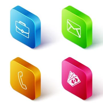 Set Isometric line Briefcase, Envelope, Telephone handset and Stacks paper money Stock Illustration