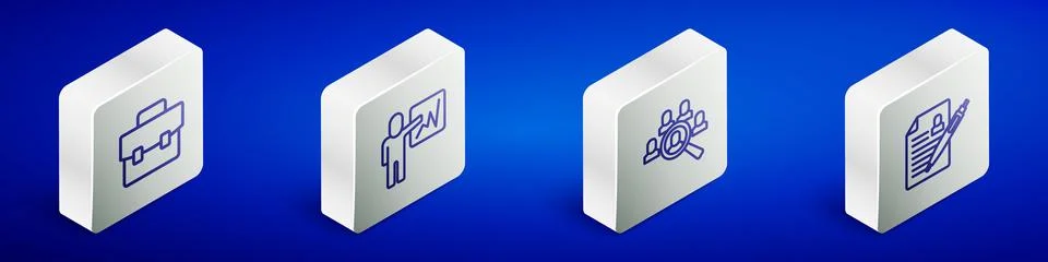 Set Isometric line Briefcase, Leader of team of executives, Magnifying glas.. Stock Illustration