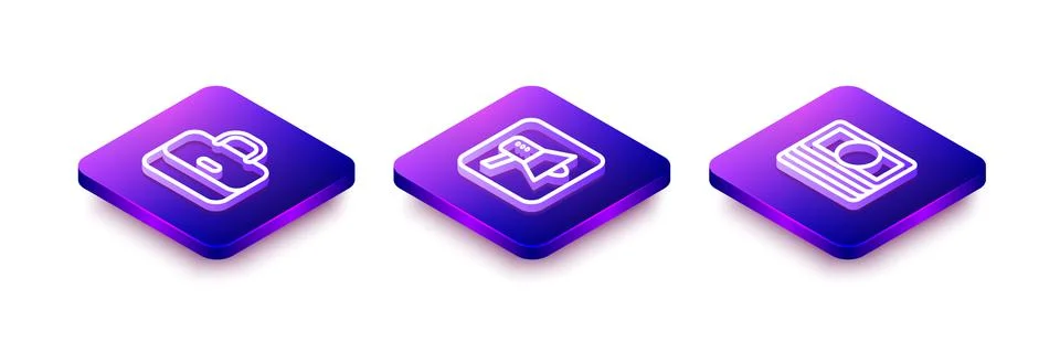 Set Isometric line Briefcase, Megaphone and Stacks paper money cash icon. Vector Illustrazione stock