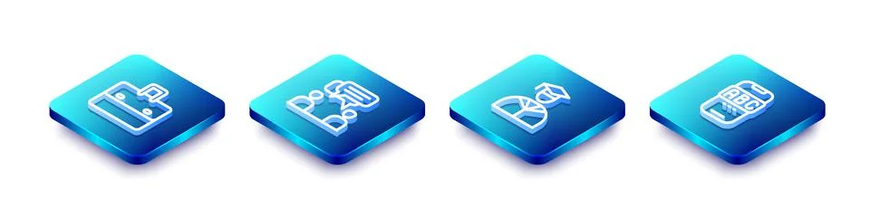 Set Isometric line Briefcase, Two sitting men talking, Graduate and graduation Stock Illustration