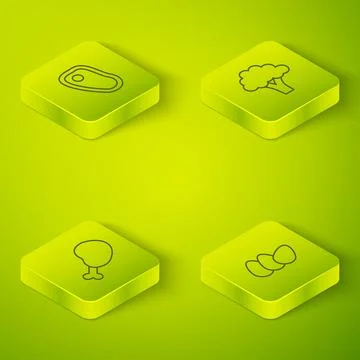 Set Isometric line Broccoli, Chicken leg, egg and Steak meat icon. Vector Illustrazione stock