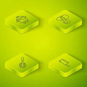 Set Isometric line Broken egg, Kitchen whisk, Meat chopper and Cooking pot icon Stock Illustration