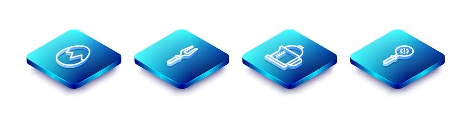 Set Isometric line Broken egg, Barbecue fork, French press and Spatula icon Stock Illustration