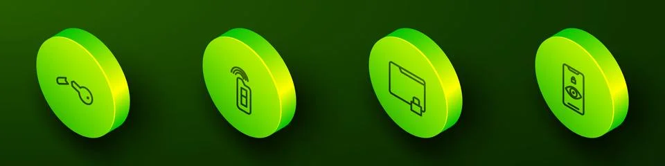 Set Isometric line Broken key, Car with remote, Folder and lock and Eye scan Illustrazione stock
