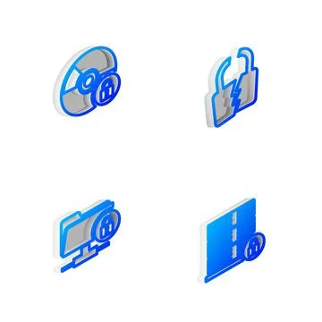 Set Isometric line Broken or cracked lock, CD DVD disk with, FTP folder and and Stockillustratie