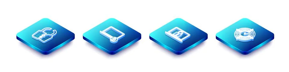 Set Isometric line Broken or cracked lock, Laptop and,  and Time Management i Stock Illustration