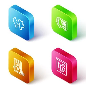 Set Isometric line Broken piggy bank, Safe, Mobile stock trading and Pie chart Illustrazione stock