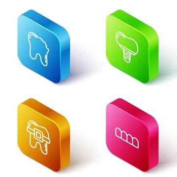 Set Isometric line Broken tooth, Dental implant, Teeth with braces and Dentures Stock Illustration