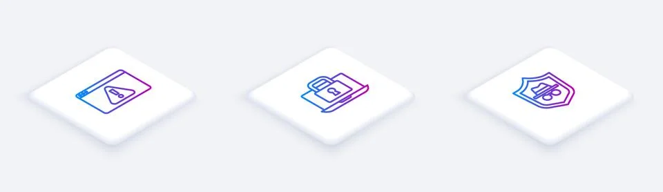 Set Isometric line Browser with exclamation mark, Laptop and lock and Incognito Stock Illustration
