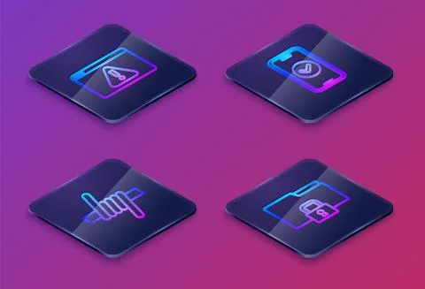 Set Isometric line Browser with exclamation mark, Barbed wire, Smartphone and Stock Illustration